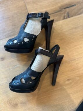 Stuart Weitzman Black Leather Peep-Toe Platform Heels with Ankle Strap